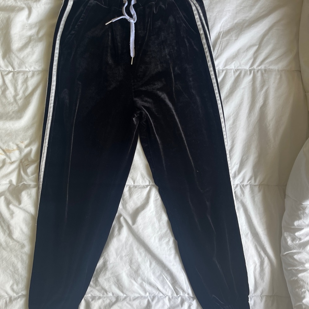 Black Velour Joggers with White Stripes
